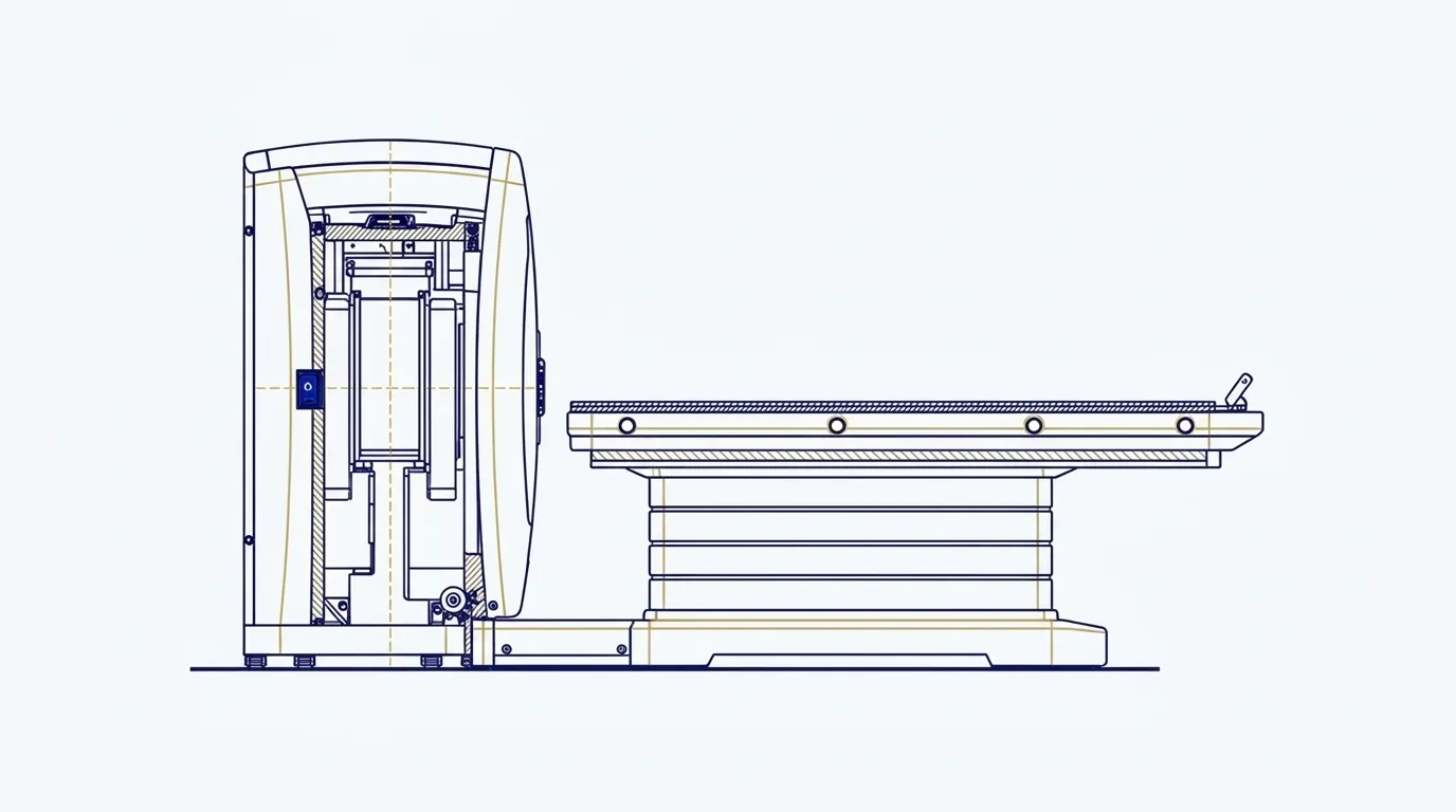 Side-elevation technical drawing of an MRI scanner
