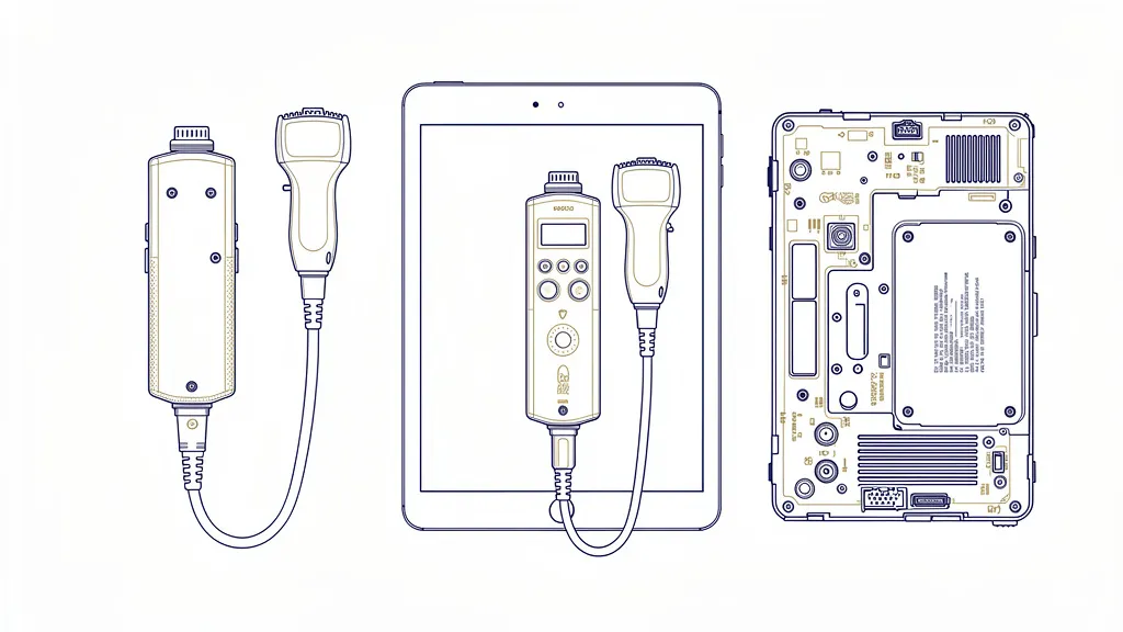 Taşınabilir ultrason cihazı, prob ve tablet ekranın teknik çizimi