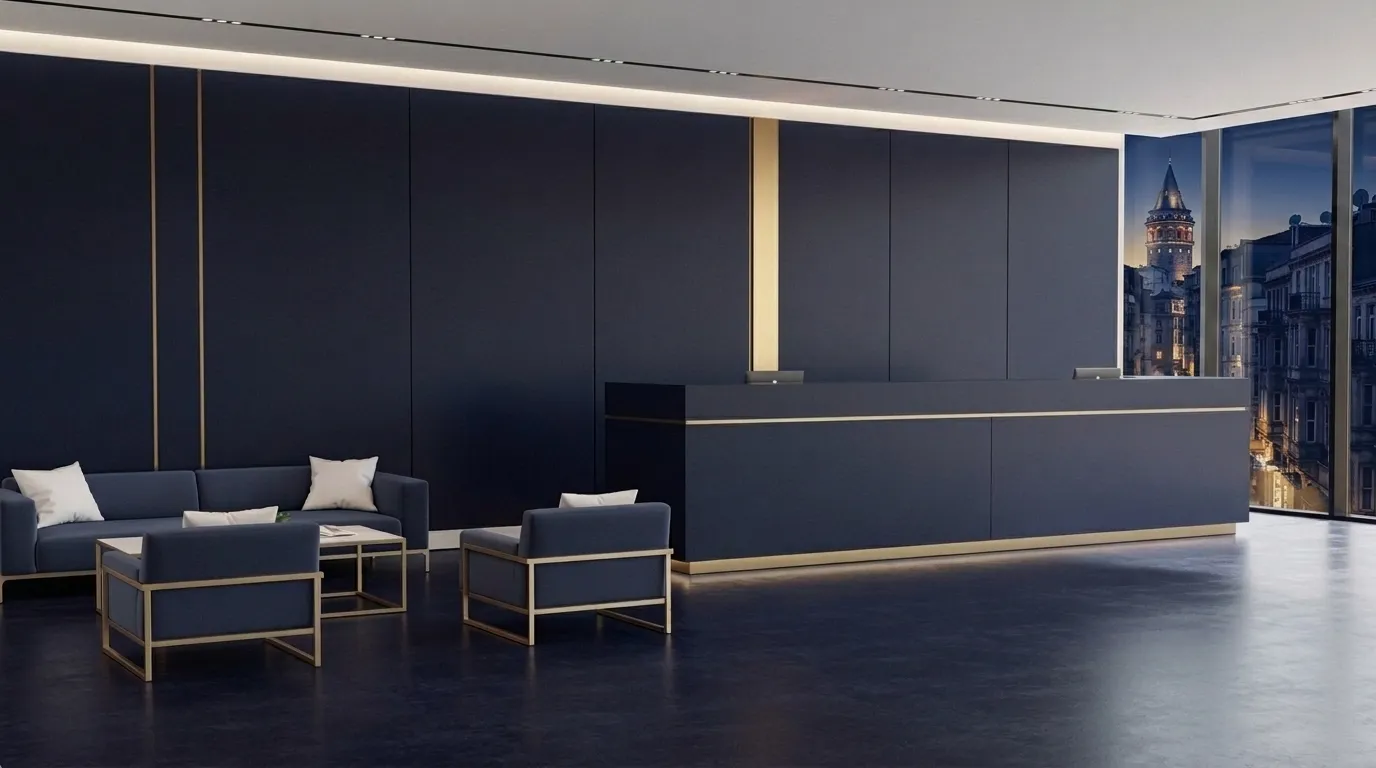 Empty international clinic reception with a view of Galata Tower and Beyoğlu facades