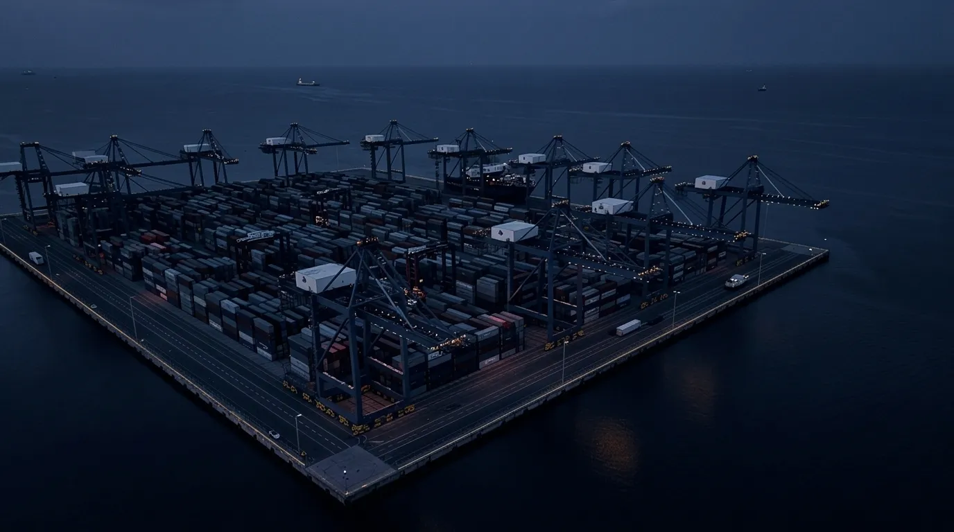 Aerial view of a container port at dusk