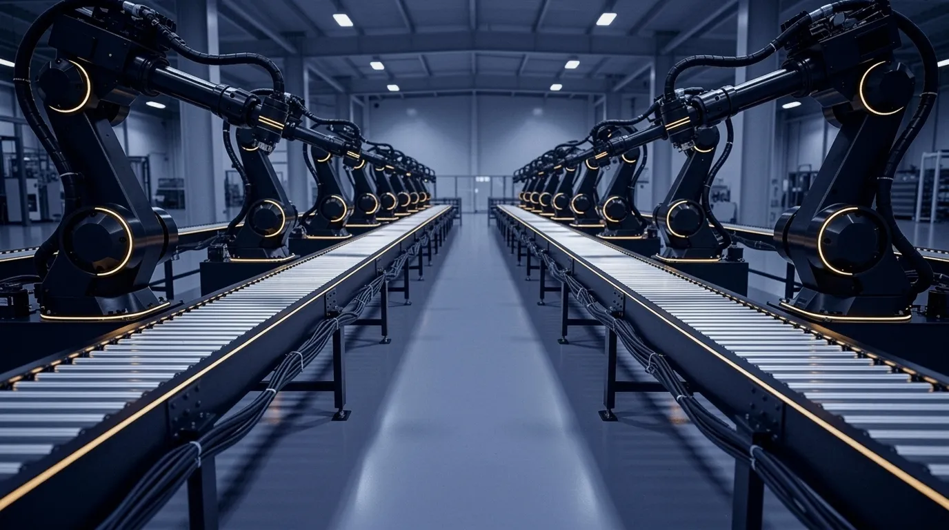 Robot kolları bulunan boş otomatik üretim hattı