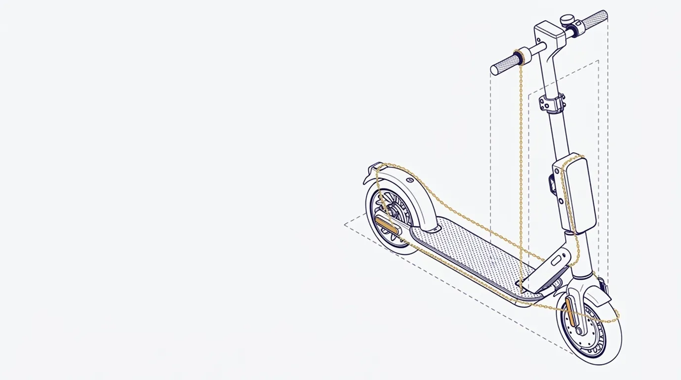Bileşenleri sorumluluk zinciriyle bağlanmış elektrikli scooterın izometrik teknik çizimi